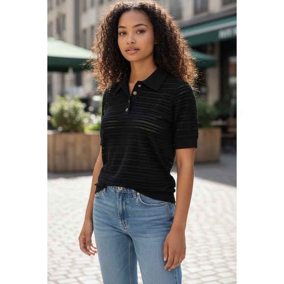 The Kooples Tops - The Kooples Black Sheer Striped Knit Polo Shirt Short Sleeve Top Size S